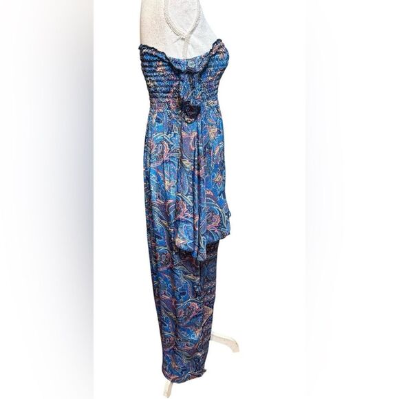 Karma Highway Silky Maxi Dress OS Long Off Shoulder Flare Sleeves Smocked Boho - Picture 3 of 5